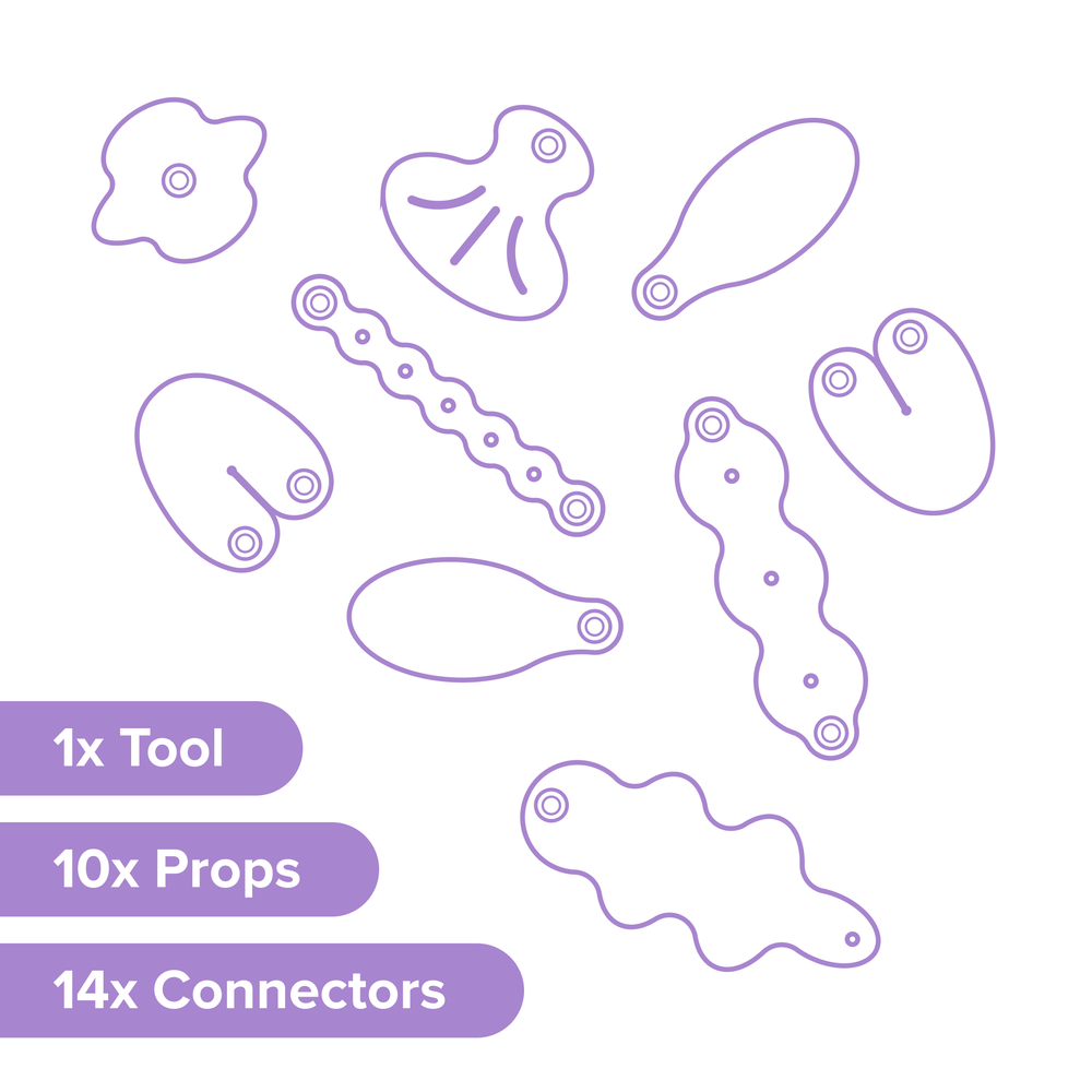 Makedo Deco-Props Blobbies contents listed alongside line drawings of each included shape.