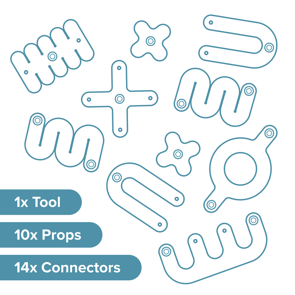 Makedo Deco-Props Sparkies contents listed alongside outlines of each Sparkies shape.