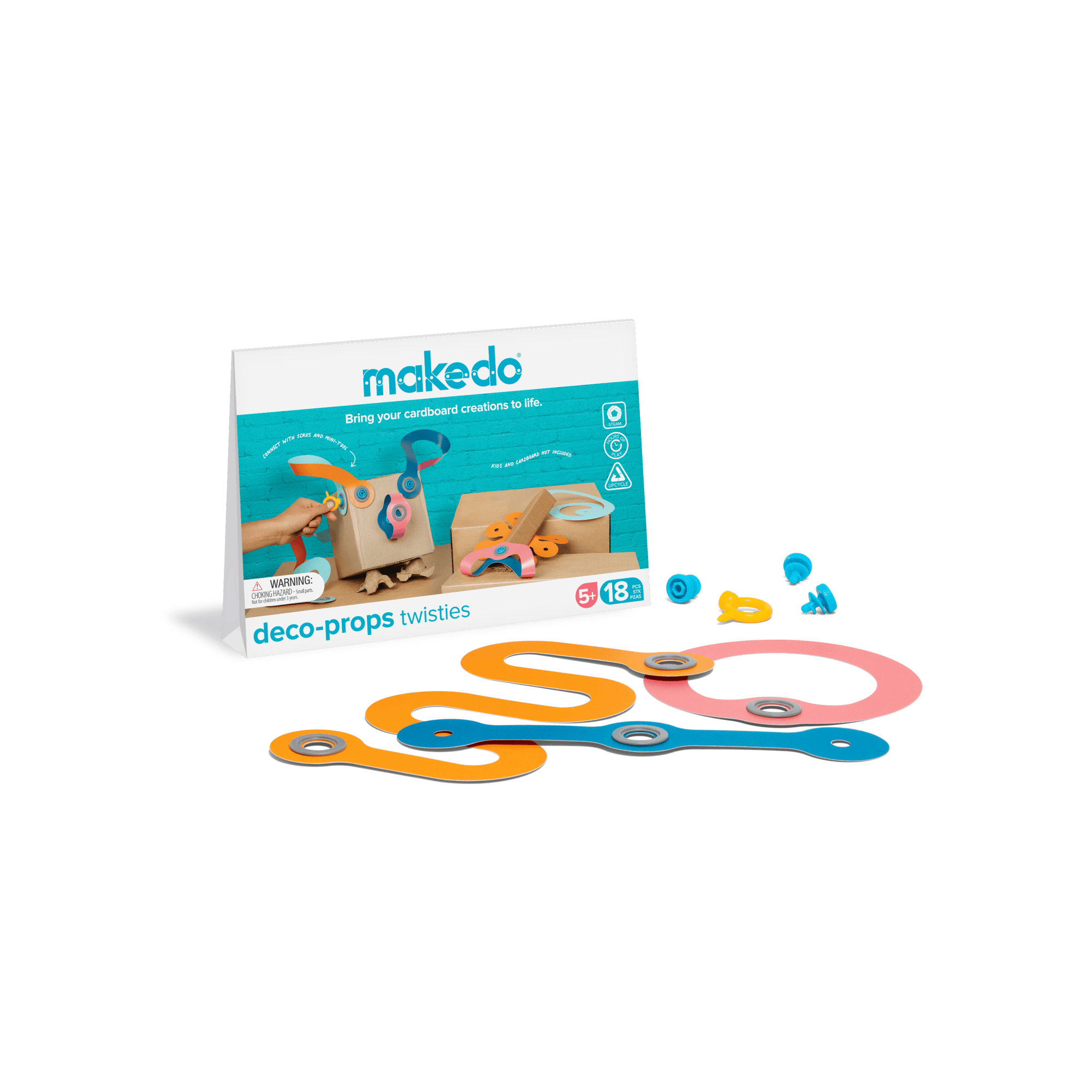 Makedo Deco-Props Twisties pack with packaging and product spill on a white background