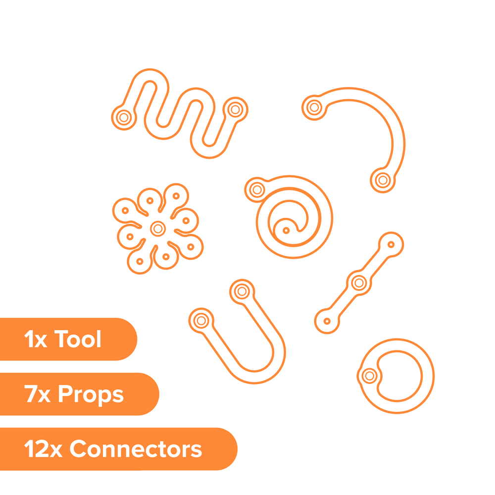 Makedo Deco-Props Twisties pack contents listed with outlines of each Twisties shape.
