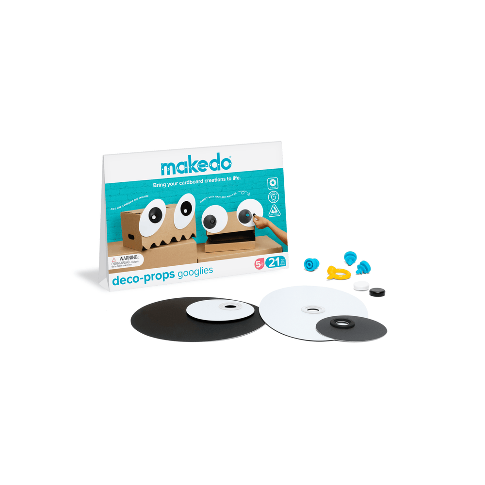 Makedo Deco-Props Googlies pack with contents spread out in front, on white background.