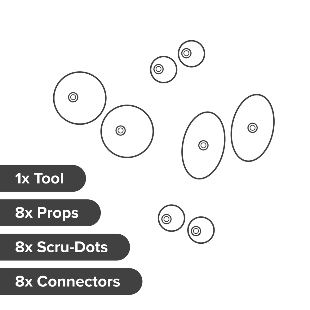 Diagram showing itemized list of what's included in the Makedo Deco-Props Googlies pack.